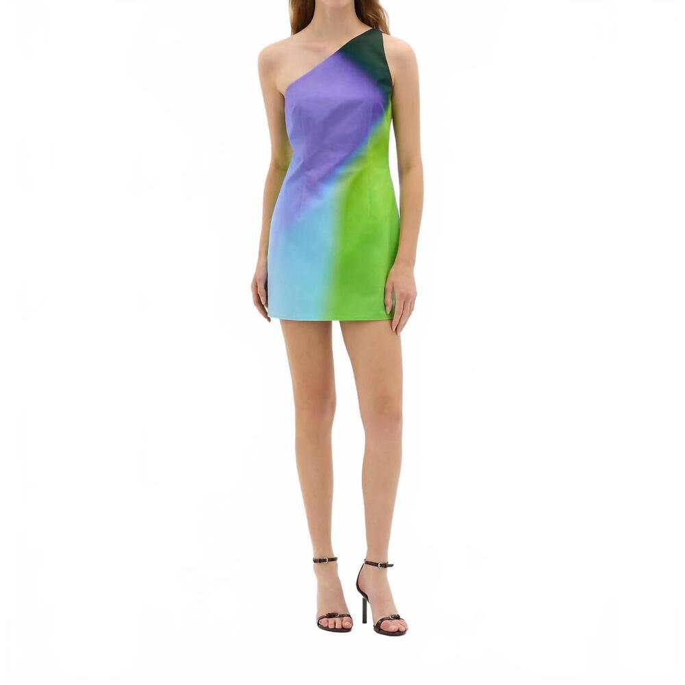 NEW MUMA WORLD kaleidoscope one shoulder mini dress in green multi